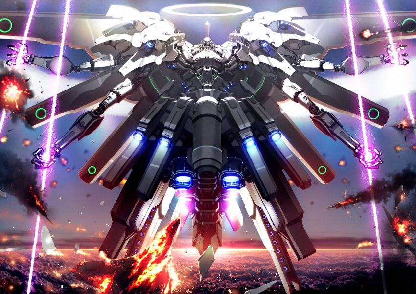 aircraft airplane burning clenched_hands energy_blade explosion extra_arms fighter_jet floating halo highres jet mecha military military_vehicle no_humans open_hands original rapama science_fiction sky solo thrusters