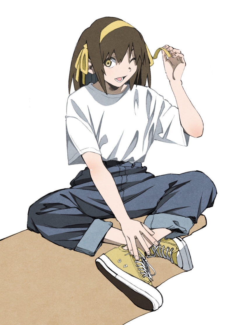 1girl ;d bangs blue_pants brown_hair casual chorohanage denim facing_viewer full_body hairband hand_on_ankle hand_on_headwear highres indian_style jeans looking_at_viewer medium_hair no_socks on_floor one_eye_closed open_mouth oversized_clothes pants pants_rolled_up ribbon shadow shirt shirt_tucked_in shoes simple_background sitting smile sneakers solo suzumiya_haruhi suzumiya_haruhi_no_yuuutsu t-shirt white_background white_shirt yellow_eyes yellow_footwear yellow_hairband yellow_ribbon