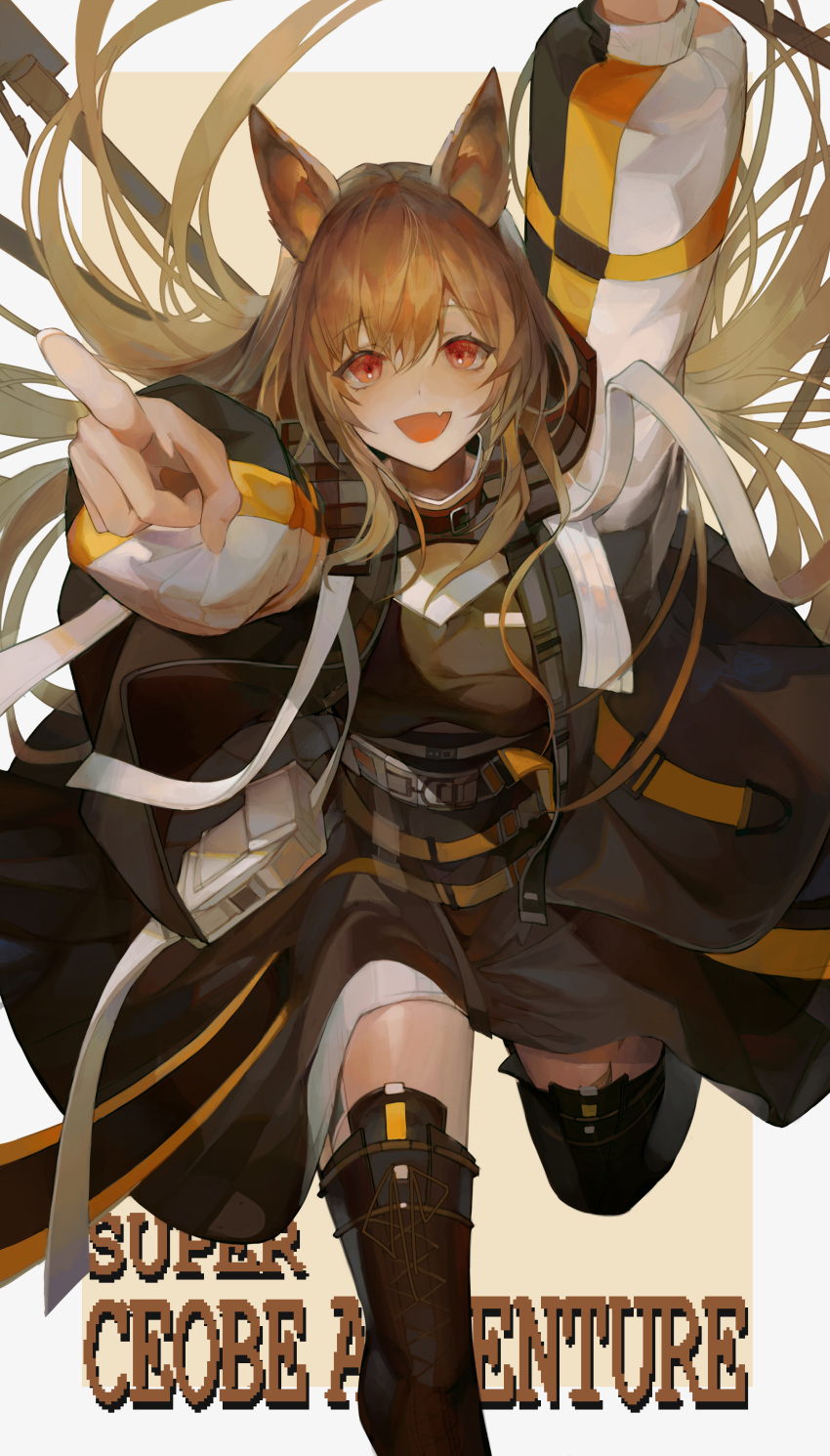 1girl :d absurdres animal_ears arknights arm_up bangs boots breasts brown_eyes brown_footwear brown_hair ceobe_(arknights) character_name commentary cowboy_shot dog_ears dog_girl dress dutan_baopo english_text eyebrows_visible_through_hair fang floating_hair hair_between_eyes hand_up highres holding holding_staff index_finger_raised jacket long_hair long_sleeves looking_at_viewer multicolored multicolored_clothes multicolored_jacket multiple_straps multiple_weapons open_clothes open_jacket open_mouth oripathy_lesion_(arknights) pointing pointing_at_viewer red_eyes running shoulder_guard sidelocks skin_fang smile solo staff thigh-highs thigh_boots thighs very_long_hair weapon weapon_on_back white_jacket