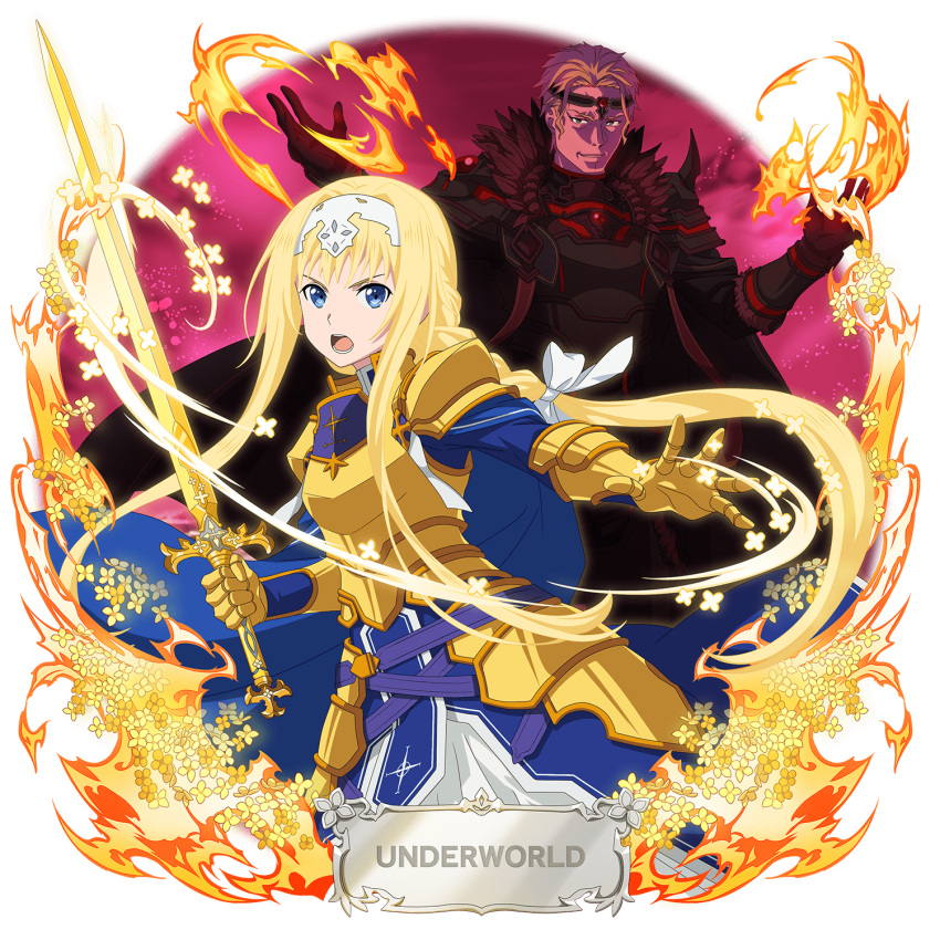 1boy 1girl alice_zuberg armor armored_dress bangs black_cape blonde_hair blue_cape blue_dress blue_eyes bow braid braided_ponytail breastplate brown_hair cape circlet dress faulds fire floating_hair gauntlets hair_bow hair_intakes hairband highres holding holding_sword holding_weapon long_hair low-tied_long_hair official_art open_mouth osmanthus_blade ponytail shoulder_armor sidelocks sword sword_art_online transparent_background vecta_(sao) very_long_hair weapon white_bow white_hairband