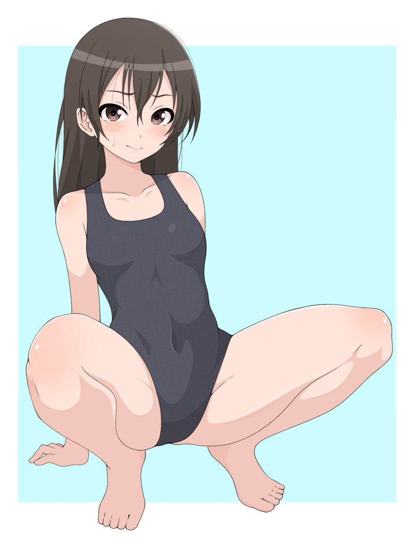1girl aqua_background barefoot black_hair black_swimsuit brown_eyes collarbone commentary_request flat_chest full_body highres ito_kashiwamochi long_hair looking_at_viewer original school_swimsuit simple_background solo squatting swimsuit two-tone_background white_background