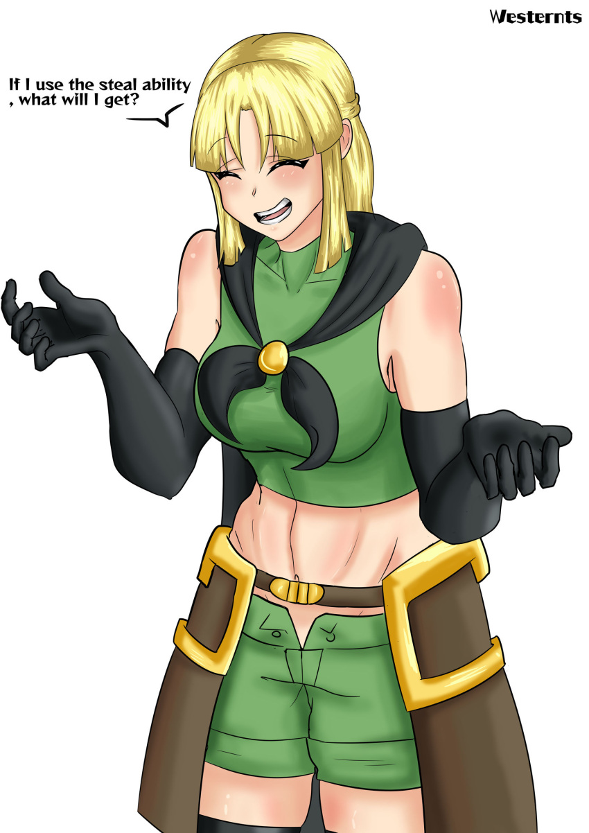1girl abs bag belt belt_buckle black_cape black_gloves blonde_hair blue_eyes blush breasts cape closed_eyes crop_top crystal_story crystal_story_ii female female_focus gloves green_clothes hand_wraps happy highres jewelry large_breasts leg_wraps lina_(crystal_story) long_hair midriff navel open_mouth pendant satchel shorts shrug smile speech_bubble thief thighs