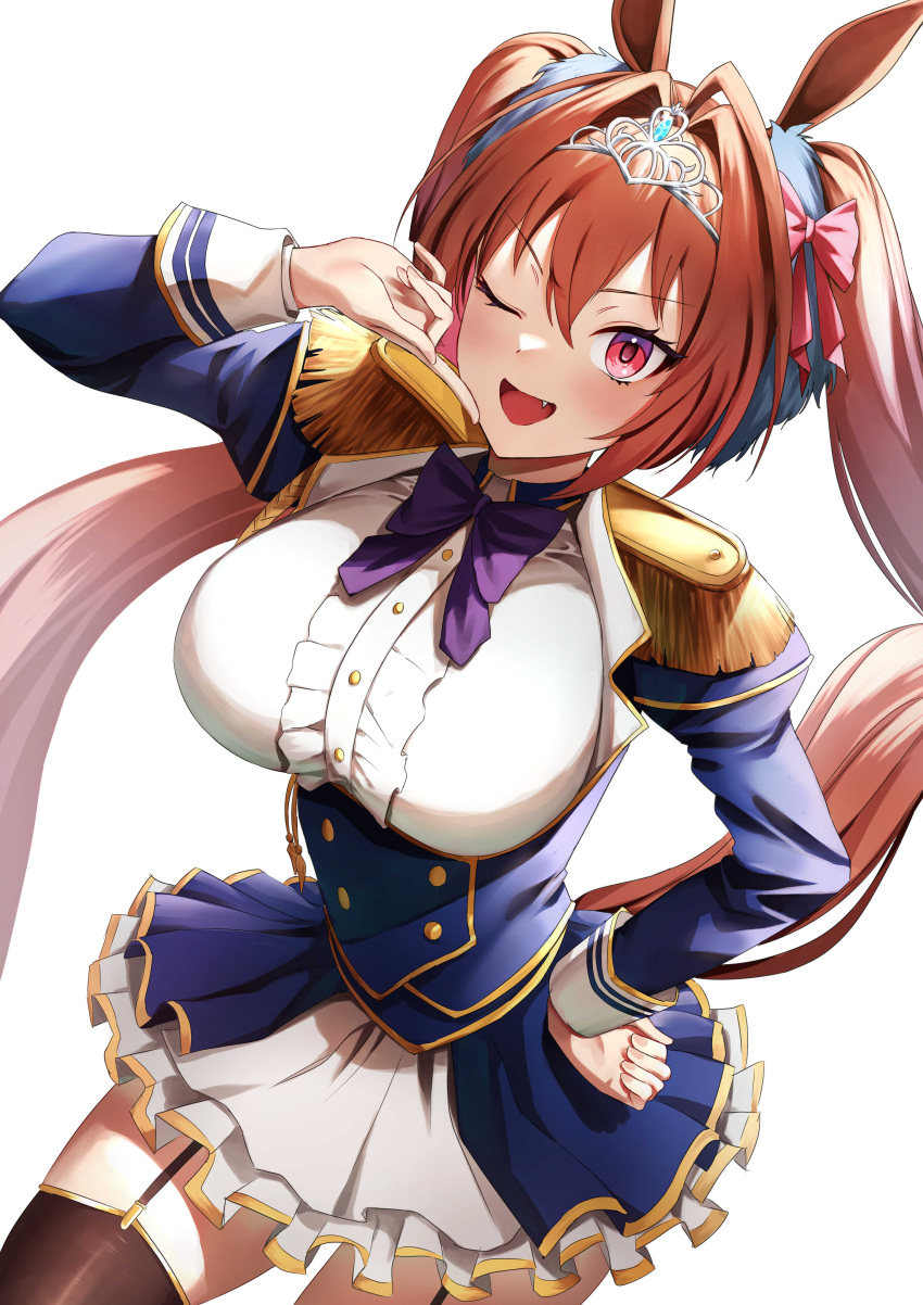 1girl ;d absurdres animal_ears bow bowtie breasts brown_legwear daiwa_scarlet_(umamusume) epaulettes eyebrows_visible_through_hair fang garter_straps hair_between_eyes hair_bow hand_on_hip highres horse_ears horse_girl horse_tail large_breasts long_hair long_sleeves looking_at_viewer memero_7272 one_eye_closed open_mouth purple_neckwear red_bow red_eyes redhead simple_background smile solo tail thigh-highs tiara twintails umamusume white_background