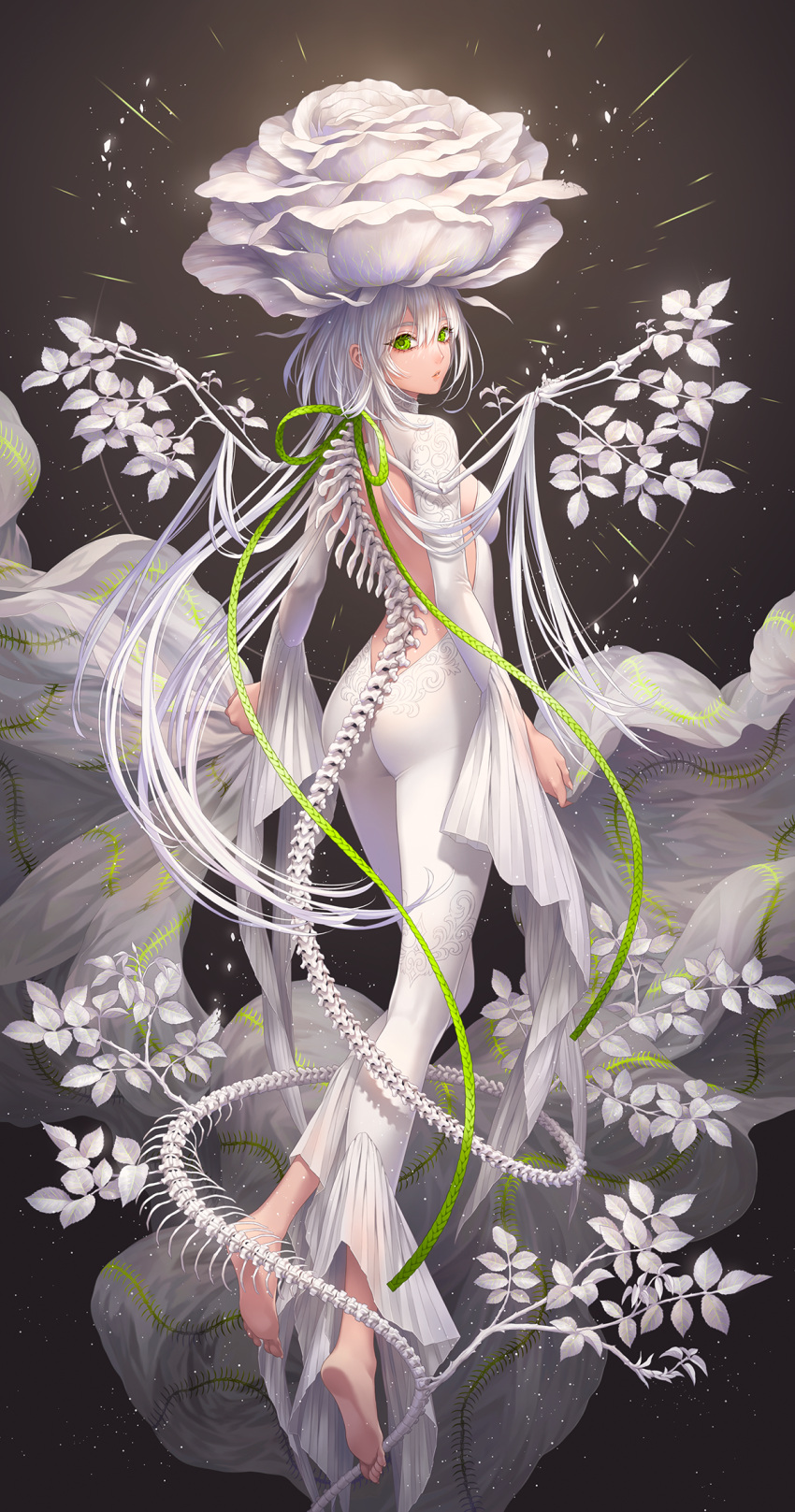 1girl ass backless_dress backless_outfit bangs barefoot bone branch breasts dress flower flower_on_head full_body green_eyes highres leaf long_hair long_sleeves looking_at_viewer minami_(minami373916) original rose sideboob solo spine very_long_hair white_dress white_flower white_hair white_rose wings