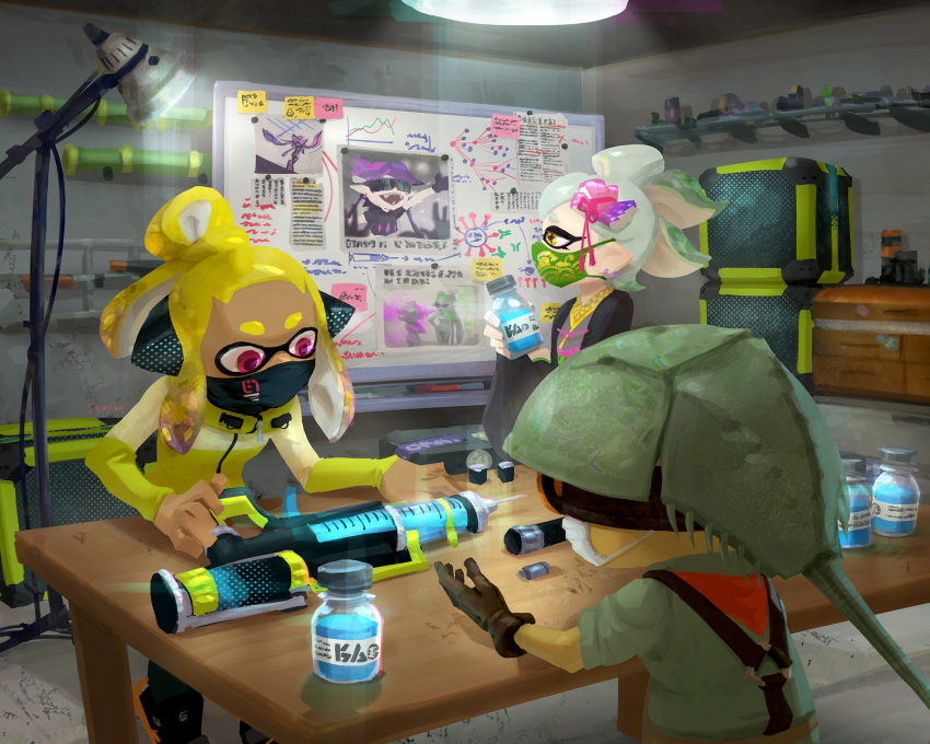 1boy 2girls agent_4_(splatoon) callie_(splatoon) colored_skin highres jacket japanese_clothes kimono lamp marie_(splatoon) mask mouth_mask multiple_girls sheldon_(splatoon) splatoon_(series) splatoon_2 squidbeak_splatoon stup-jam table tentacle_hair weapon whiteboard yellow_skin