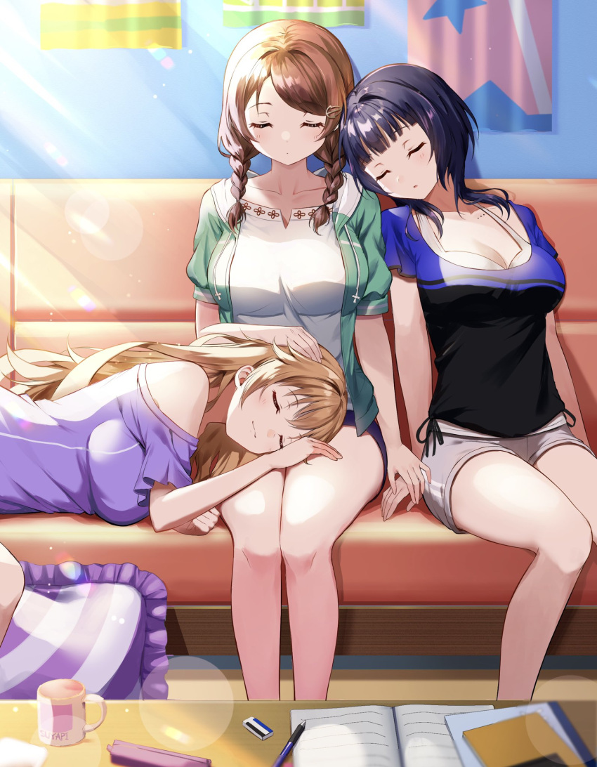 3girls asaka_karin bedroom black_hair blush braid breasts brown_hair closed_eyes couch emma_verde eyelashes head_on_another's_shoulder highres indoors konoe_kanata lap_pillow large_breasts love_live! love_live!_nijigasaki_high_school_idol_club mia_(fai1510) multiple_girls on_couch parted_lips shorts sitting sleeping thighs twin_braids twintails