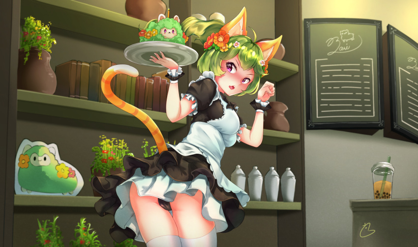 1girl absurdres animal_ears apron asymmetrical_bangs bangs black_panties blush breadthree bubble_tea cat_ears cat_tail embarrassed fake_animal_ears fake_tail flower green_hair guardian_tales hair_flower hair_ornament highres holding looking_back maid mayreel_(guardian_tales) official_alternate_costume open_mouth panties ponytail puffy_short_sleeves puffy_sleeves short_hair short_sleeves tail underwear violet_eyes wrist_cuffs