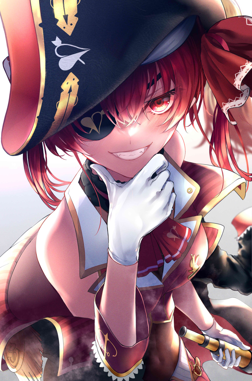 1girl absurdres bangs bare_shoulders bicorne black_coat black_headwear blush breasts coat commentary_request cropped_jacket embroidery gloves gold_trim grin hair_ribbon hand_on_own_cheek hand_on_own_face hat highres hololive houshou_marine jacket kotonari_seesaa large_breasts leotard leotard_under_clothes looking_at_viewer off_shoulder red_eyes red_jacket red_ribbon redhead ribbon sheer_leotard simple_background skirt sleeveless sleeveless_jacket smile solo spyglass twintails virtual_youtuber