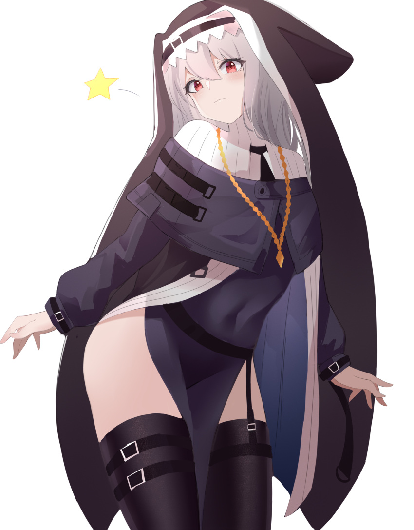 1girl absurdres arknights bangs beijiushui belt black_belt black_cape black_headwear black_legwear breasts cape closed_mouth covered_navel cowboy_shot garter_straps habit hair_between_eyes head_tilt highres jewelry light_smile long_hair looking_at_viewer nun pelvic_curtain red_eyes silver_hair simple_background small_breasts specter_(arknights) star_(symbol) thigh-highs thighs white_background zettai_ryouiki