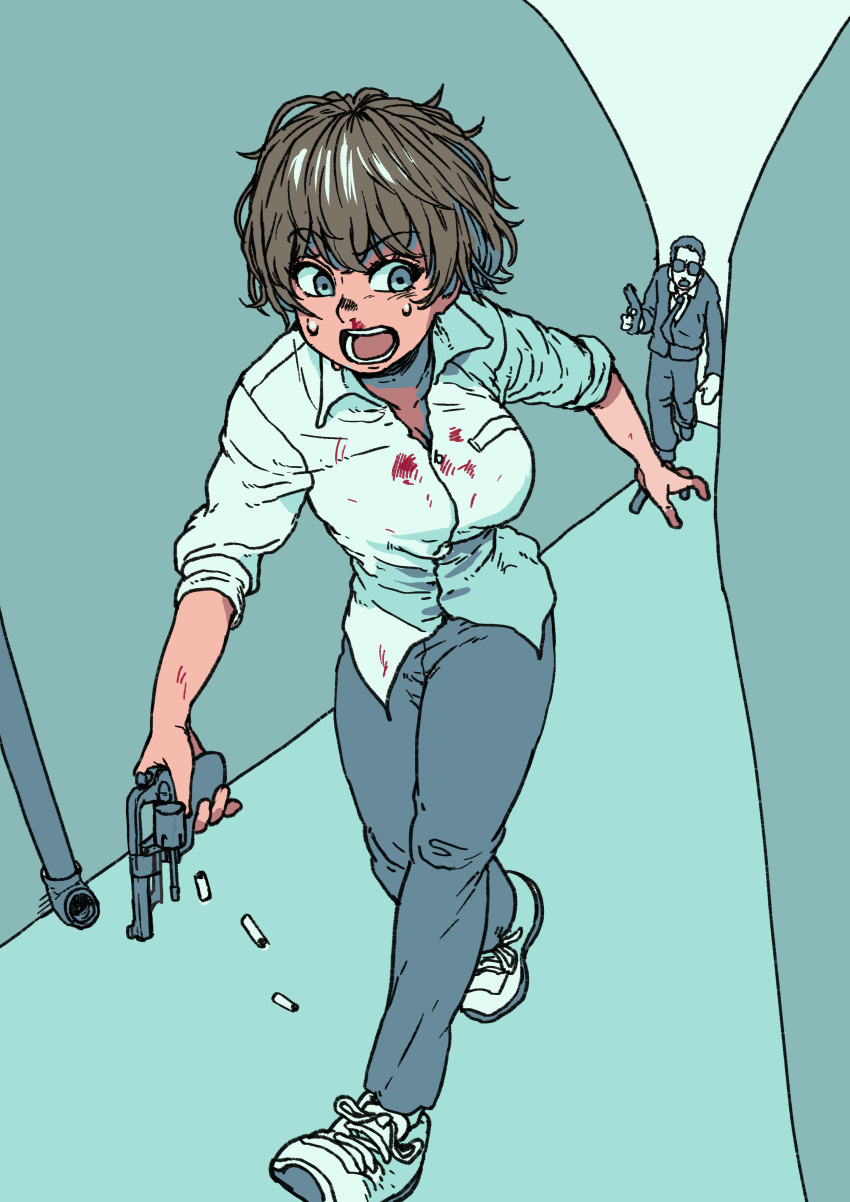 1boy 1girl absurdres aqua_eyes blood bloody_clothes breast_pocket brown_hair chanta_(ayatakaoisii) collared_shirt eyebrows_visible_through_hair gun hallway highres holding holding_gun holding_weapon long_sleeves nosebleed original pants pipe pocket shirt shoes short_hair solo_focus weapon white_footwear white_shirt