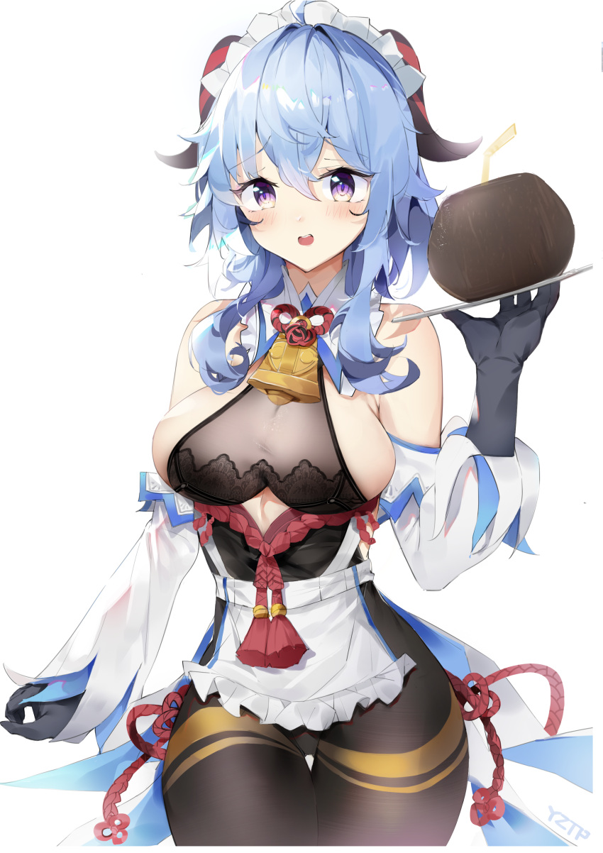 1girl absurdres apron bangs black_gloves black_legwear blue_hair blush breasts coconut commentary detached_sleeves english_commentary eyebrows_visible_through_hair ganyu_(genshin_impact) genshin_impact gloves goat_horns hair_between_eyes hand_up highres holding holding_plate horns large_breasts long_hair long_sleeves looking_at_viewer maid maid_headdress open_mouth pantyhose plate sanmery sideboob simple_background solo violet_eyes waist_apron white_apron white_background