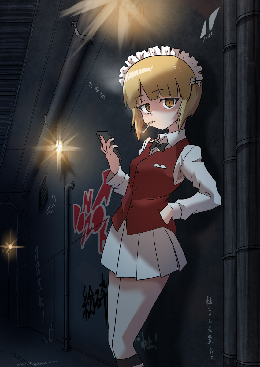 1girl absurdres against_wall bangs bartender black_neckwear blonde_hair blunt_bangs bob_cut bow bowtie brown_vest cellphone cigarette commentary cutlass_(girls_und_panzer) dress_shirt drops_mint eyebrows_visible_through_hair girls_und_panzer girls_und_panzer_saishuushou graffiti hallway hand_in_pocket handkerchief highres holding holding_phone indoors kneehighs leaning_back long_sleeves maid_headdress miniskirt phone pleated_skirt school_uniform shirt short_hair skirt smartphone smoking solo standing textless vest white_shirt white_skirt wing_collar yellow_eyes