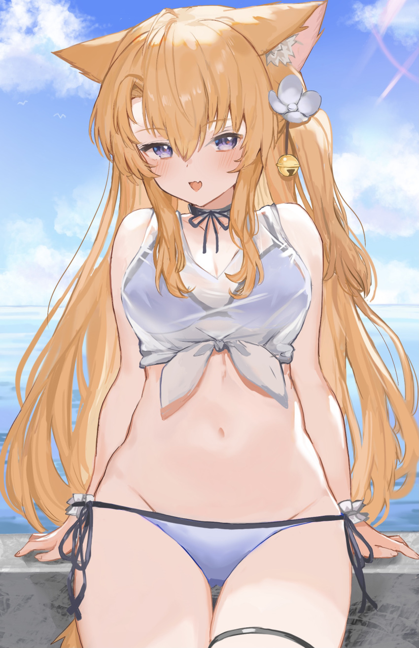 1girl animal_ear_fluff animal_ears bangs bare_arms bare_shoulders bell bikini bikini_under_clothes blonde_hair blue_bikini blue_sky blush breasts choker commentary_request cowboy_shot crop_top day eyebrows_visible_through_hair fang flower grey_choker groin hair_bell hair_between_eyes hair_flower hair_ornament highres jingle_bell long_hair looking_at_viewer medium_breasts midriff navel one_side_up open_mouth original outdoors purple_hair see-through shirt side-tie_bikini skin_fang sky sleeveless sleeveless_shirt solo sorotu standing stomach swimsuit thigh_strap tied_shirt very_long_hair white_shirt wrist_cuffs