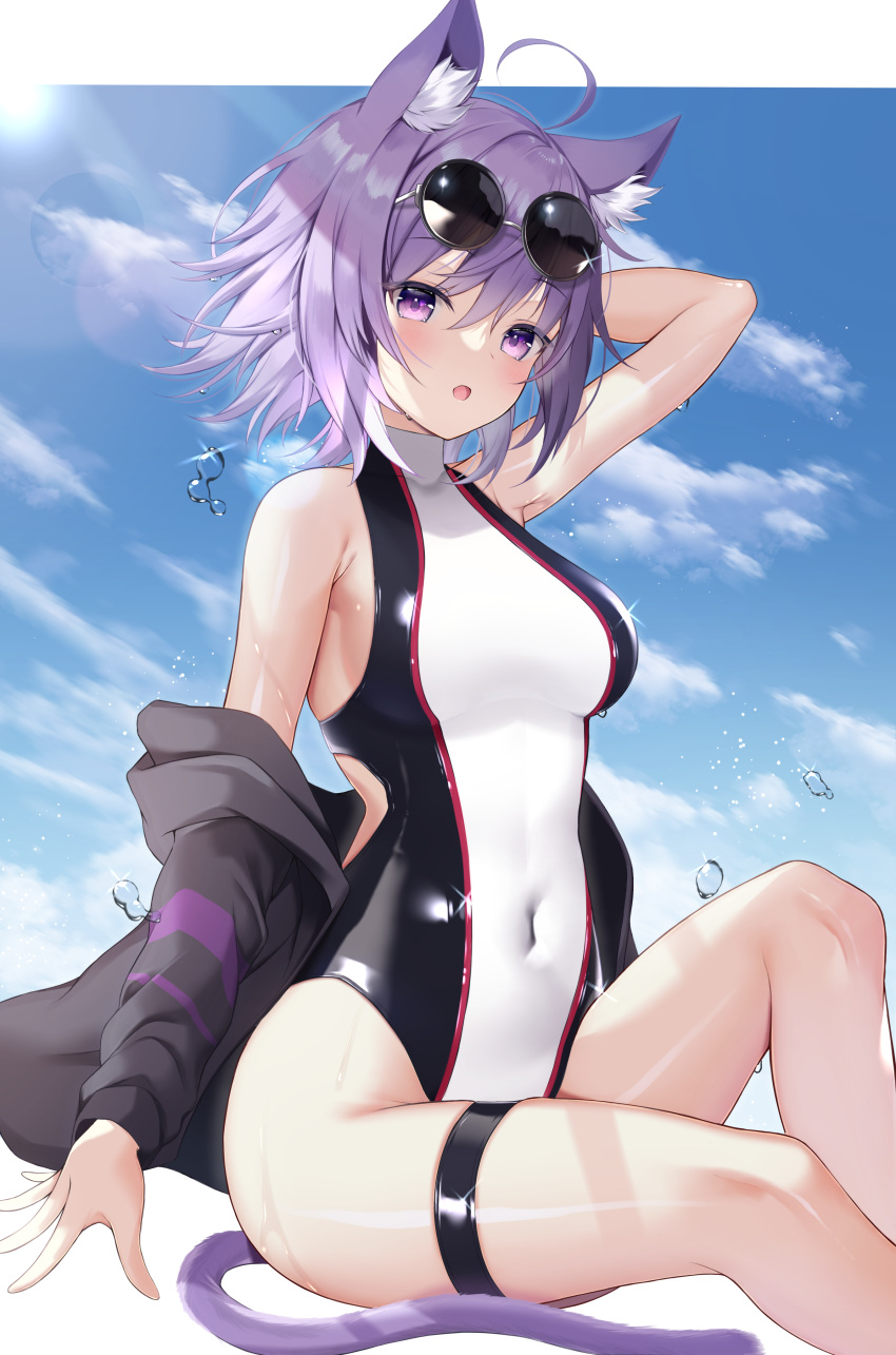 1girl :o absurdres ahoge animal_ears arm_behind_head bangs blue_sky breasts cat_ears cat_tail clouds competition_swimsuit covered_navel day eyebrows_visible_through_hair eyewear_on_head highres hololive leg_garter legs medium_breasts nekomata_okayu one-piece_swimsuit open_mouth purple_hair round_eyewear short_hair sitting sky solo sun sunglasses sunlight swimsuit tail thighs utekiro violet_eyes virtual_youtuber wet