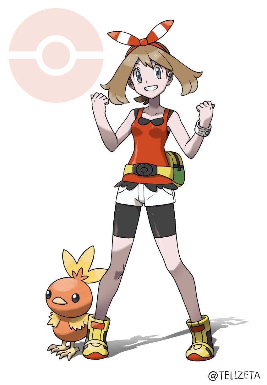 1girl absurdres bike_shorts black_shorts breasts brown_hair collarbone full_body gen_3_pokemon grey_eyes grin highres long_hair looking_at_viewer may_(pokemon) pokemon pokemon_(creature) pokemon_(game) pokemon_oras red_shirt shiny shiny_hair shirt short_shorts shorts shorts_under_shorts sleeveless sleeveless_shirt small_breasts smile solo standing starter_pokemon teru_zeta torchic twintails twitter_username white_shorts yellow_footwear