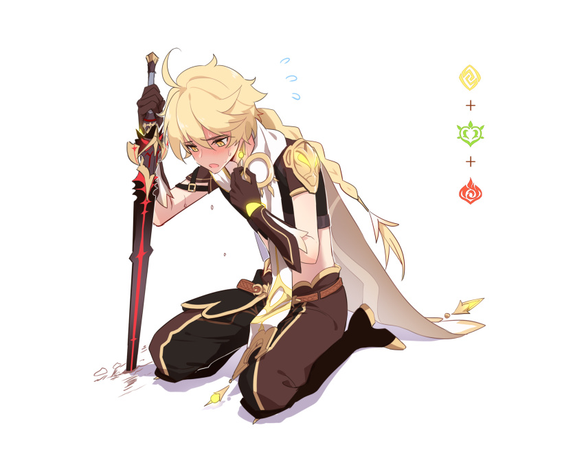 1boy aether_(genshin_impact) ahoge bangs blonde_hair blush earrings flying_sweatdrops genshin_impact gloves hair_between_eyes hei_lang highres holding holding_sword holding_weapon jewelry long_hair male_focus pants short_sleeves simple_background single_earring sitting solo sweat sword weapon white_background yellow_eyes