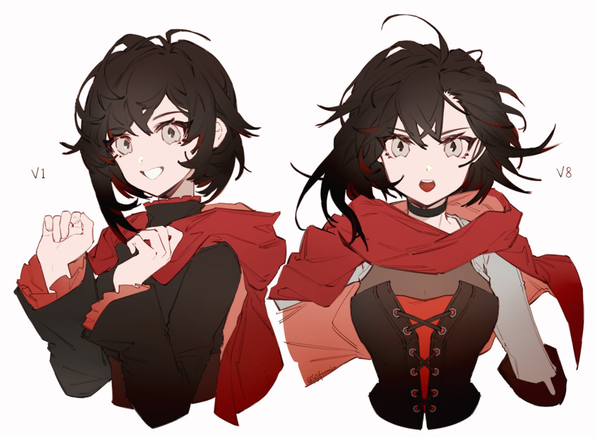 1girl alternate_costume black_hair cape cloak corset grey_eyes highres hood hood_down hooded_cloak multicolored_hair redhead ruby_rose rwby solo yuji_(fantasia)