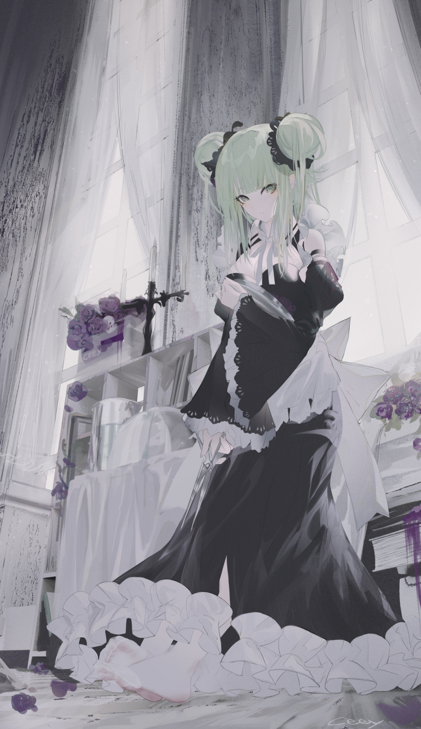1girl bangs black_dress blunt_bangs breasts candle candlestand ceey chinese_commentary closed_mouth commentary_request curtains double_bun dress expressionless eyebrows_visible_through_hair flower full_body green_eyes green_hair hair_ribbon hand_up highres holding holding_scissors indoors large_breasts long_dress long_hair long_sleeves looking_at_viewer mole mole_under_eye no_shoes original pantyhose petals purple_flower ribbon scissors signature solo standing white_legwear wide_sleeves window