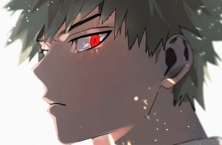 1boy backlighting bakugou_katsuki bangs blonde_hair bloom blurry boku_no_hero_academia depth_of_field expressionless highres lens_flare light_particles looking_at_viewer male_focus noise portrait red_eyes shoco_(sco_labo) short_hair solo spiky_hair white_background