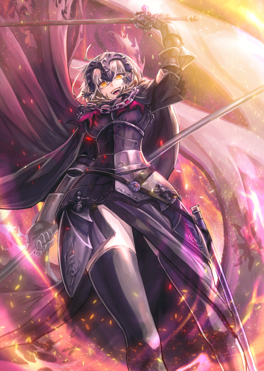 1girl ahoge armor armored_dress bangs belt black_legwear breasts chain cloak fate/grand_order fate_(series) fire flag headpiece highres holding holding_flag holding_sword holding_weapon jeanne_d'arc_(alter)_(fate) jeanne_d'arc_(fate)_(all) kuroi_susumu looking_at_viewer looking_down open_mouth short_hair silver_hair smile solo sword thigh-highs weapon yellow_eyes