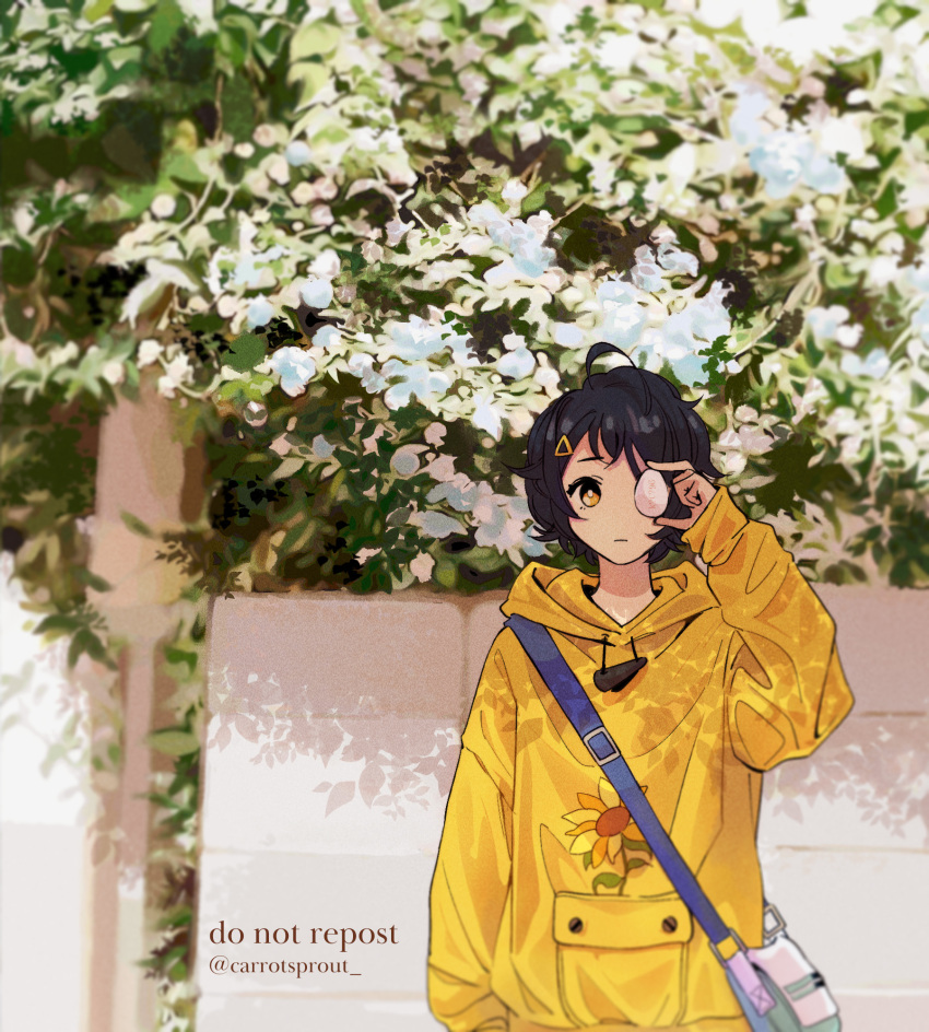 ahoge bag baggy_clothes carrotsprout dark_blue_hair egg facing_viewer floral_print flower heterochromia highres holding holding_egg hood hoodie looking_at_object one_eye_covered ooto_ai outdoors short_hair shoulder_bag solo sunflower sunflower_print triangle_hair_ornament wonder_egg_priority yellow_eyes yellow_hoodie