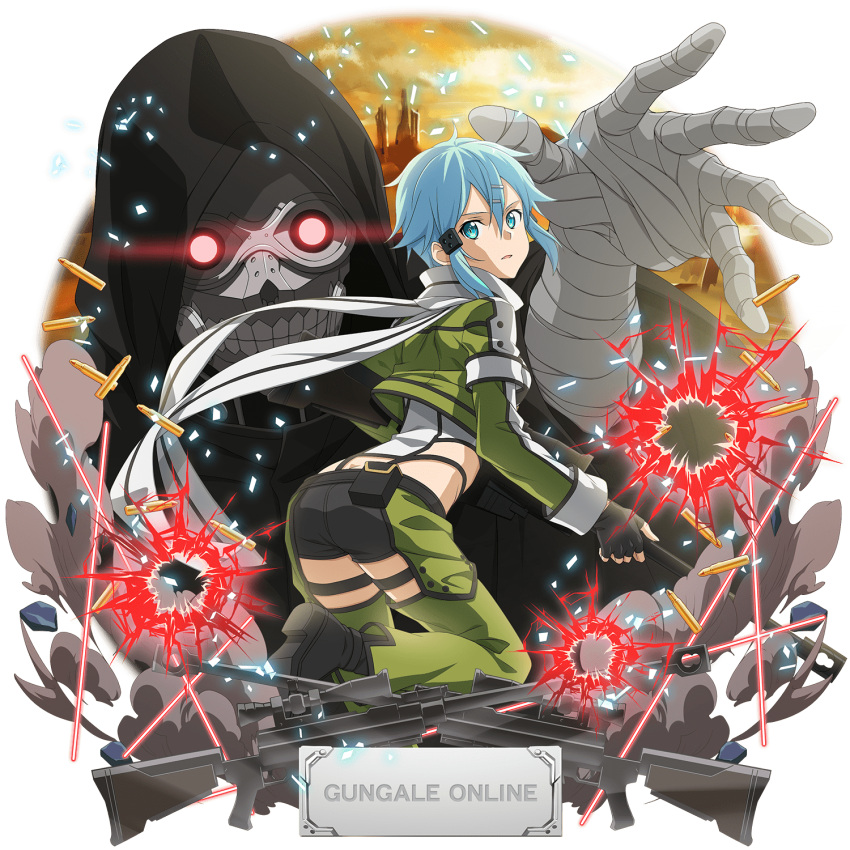 1boy 1girl aqua_eyes bandaged_hand bangs black_footwear black_gloves black_shorts blue_hair butt_crack death_gun fingerless_gloves gloves green_jacket green_legwear gun hair_between_eyes hair_ornament hairclip highres holding holding_gun holding_weapon hood hood_up jacket leotard long_sleeves looking_at_viewer official_art open_mouth pgm_hecate_ii short_hair short_shorts shorts sidelocks sinon sword_art_online thigh_strap transparent_background weapon white_leotard