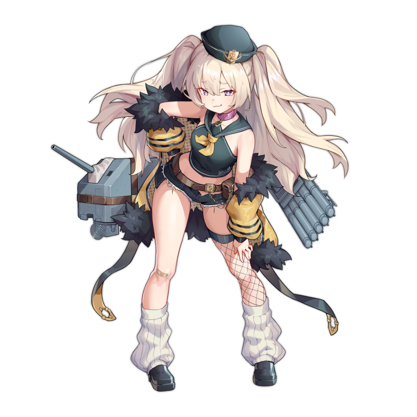 1044829677 1girl :3 absurdres azur_lane bache_(azur_lane) bangs bare_shoulders belt blonde_hair breasts collar eyebrows_visible_through_hair fishnet_legwear fishnets full_body hand_on_hip hat highres looking_at_viewer loose_socks midriff navel sailor_collar shorts simple_background smile solo thigh-highs torpedo turret twintails violet_eyes white_background white_legwear