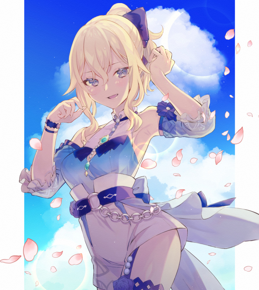 1girl armpits bare_shoulders belt blonde_hair blouse blue_blouse blue_bow blue_eyes bow breasts chain clouds cloudy_sky detached_sleeves frilled_sleeves frills genshin_impact hair_bow highres jean_(genshin_impact) looking_at_viewer o-ring_belt open_mouth petals ponytail shimi_to_ufu shorts sky smile solo white_shorts wristband