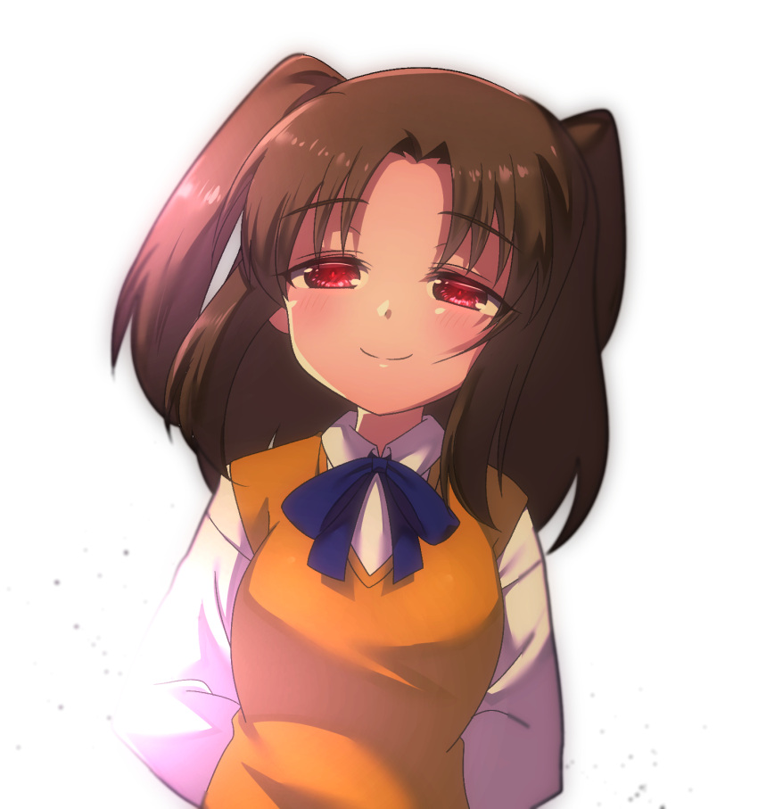 1girl arms_behind_back bangs blue_bow blue_neckwear bow bowtie breasts brown_hair closed_mouth commentary_request eyebrows_visible_through_hair happy highres itsuka_neru long_sleeves looking_at_viewer medium_breasts melty_blood red_eyes shirt sidelocks simple_background smile solo solo_focus tsukihime type-moon upper_body white_background white_sleeves yellow_shirt yumizuka_satsuki