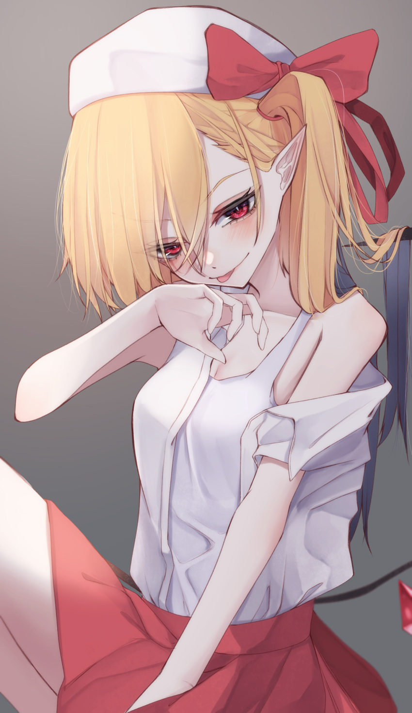 1girl :p absurdres adapted_costume bare_shoulders beret breasts flandre_scarlet foot_out_of_frame grey_background hand_to_own_mouth hat highres knee_up off_shoulder simple_background sitting small_breasts solo tank_top tongue tongue_out touhou tsune_(tune) white_headwear white_tank_top