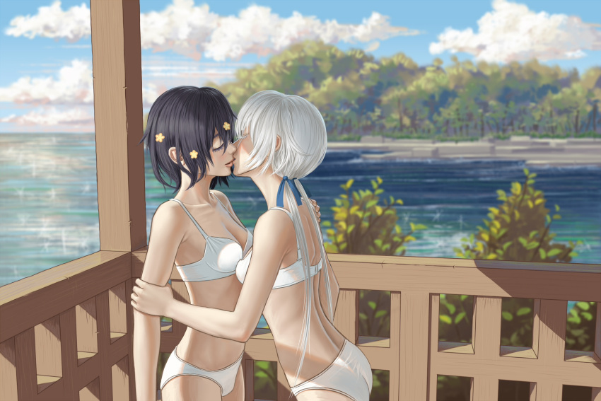 2girls arm_grab artist_request black_hair blue_ribbon blue_sky bra breasts closed_eyes clouds collarbone day eyelashes flower hair_flower hair_ornament hair_ribbon hand_on_another's_arm hand_on_another's_shoulder highres kiss konno_junko landscape low_twintails mizuno_ai multiple_girls nature outdoors panties plant porch ribbon scenery short_hair shoulder_grab sky small_breasts sunlight tree twintails underwear underwear_only veranda water white_bra white_hair white_panties yuri zombie_land_saga