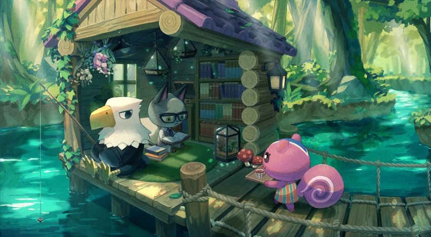 1girl 2boys animal_crossing animal_ears apollo_(animal_crossing) bangs bird_boy black-framed_eyewear black_sweater blonde_hair book bookshelf bridge cat_boy cat_ears cup day dress fishing fishing_rod flower full_body glasses grey_vest highres holding holding_tray house looking_at_another multiple_boys necktie orange_dress outdoors peanut_(animal_crossing) plant purple_flower raymond_(animal_crossing) reading saino shirt short_hair sideways_glance sitting smile squirrel_girl stone striped striped_dress sweater tray tree vest walking water white_flower white_shirt window