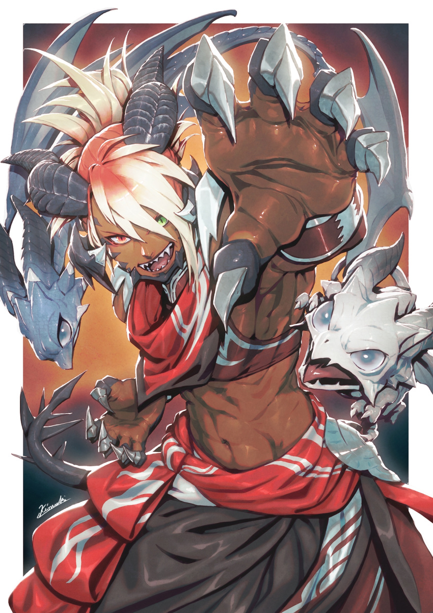1boy arm_up armpits au_ra black_horns blonde_hair bracelet claws crop_top cropped_vest dark-skinned_male dark_skin dragon dragon_boy dragon_horns dragon_tail evil_smile fake_claws fictional_persona final_fantasy final_fantasy_xiv green_eyes hair_over_one_eye heterochromia highres horns jewelry kio_naoki looking_at_viewer male_focus medium_hair midriff multicolored_hair navel open_mouth reaching_out red_eyes redhead scales sharp_teeth signature skirt slit_pupils smile stomach tail teeth toned toned_male two-tone_hair v-shaped_eyebrows vest