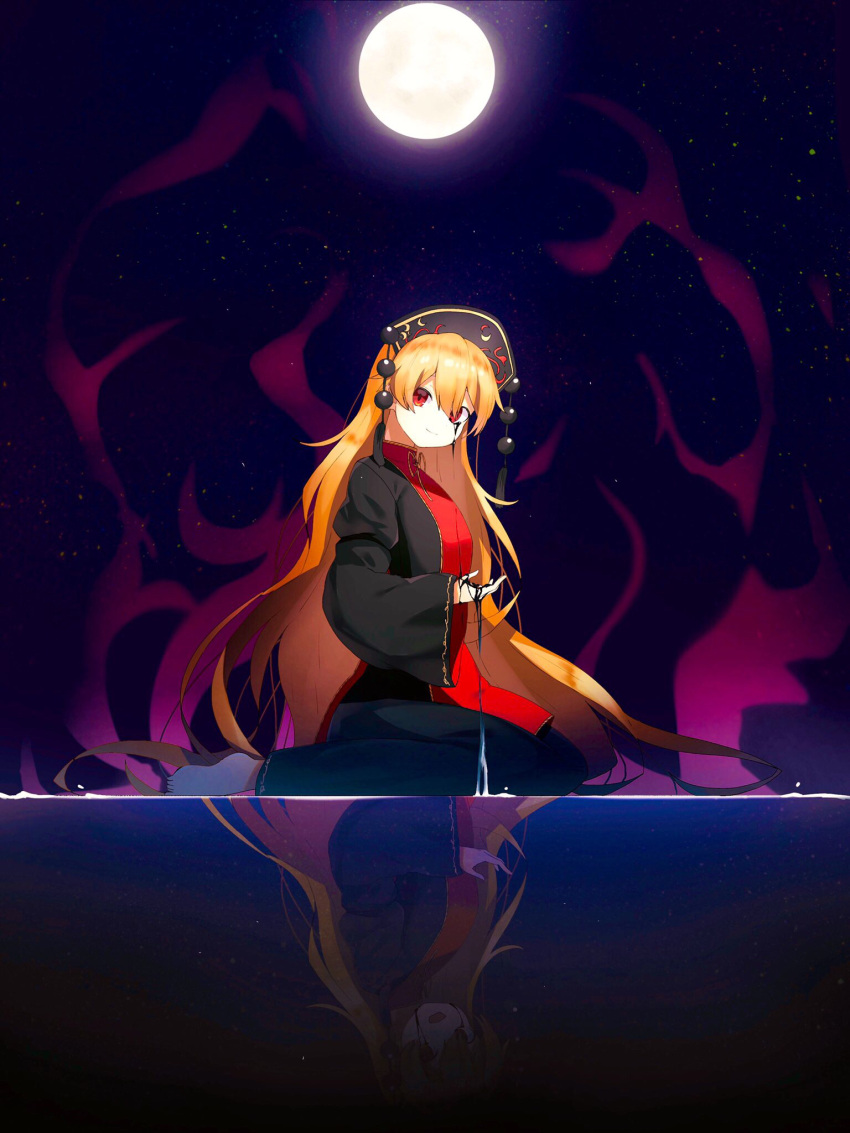 1girl bangs black_dress black_headwear black_sleeves blood bow chinese_clothes closed_mouth crescent dress energy full_moon hair_between_eyes hand_up hat highres ikasoba junko_(touhou) legacy_of_lunatic_kingdom long_hair long_sleeves looking_at_viewer moon night night_sky ocean open_mouth orange_hair pom_pom_(clothes) red_vest reflection sitting sky smile solo star_(sky) starry_sky touhou very_long_hair vest water yellow_bow yellow_neckwear