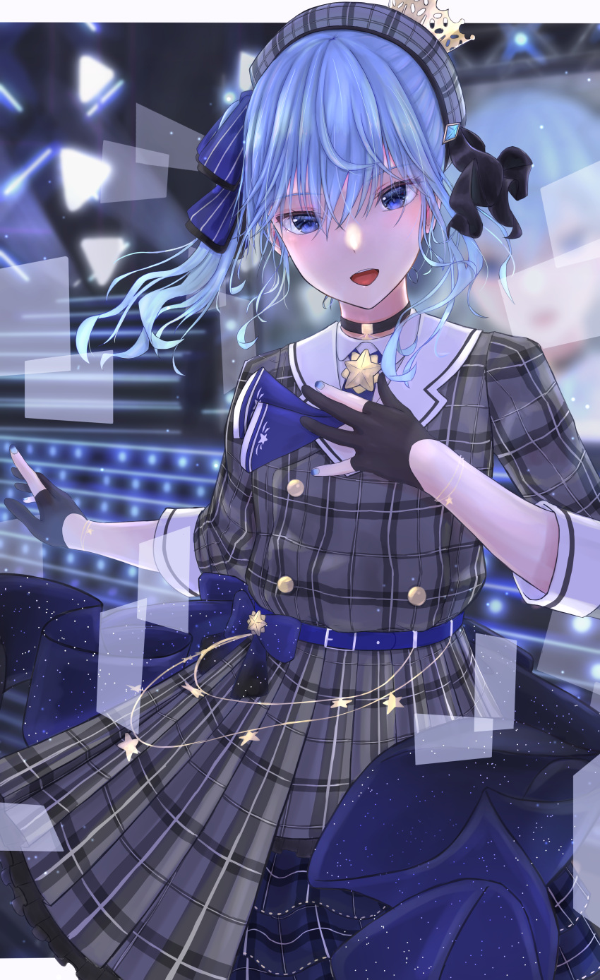 1girl absurdres ascot bangs belt beret black_choker black_gloves black_nails blue_belt blue_bow blue_eyes blue_hair blue_neckwear blue_ribbon bow bow_skirt buttons choker crown double-breasted gloves grey_headwear grey_jacket grey_skirt hair_ribbon hand_on_own_chest hat highres hinataaoi_(iraiuketsukechuu) hololive hoshimachi_suisei jacket jewelry long_sleeves looking_at_viewer medium_hair miniskirt music nail_polish partially_fingerless_gloves pendant plaid plaid_headwear plaid_jacket plaid_skirt ribbon side_ponytail sidelocks singing skirt skirt_set solo stage virtual_youtuber