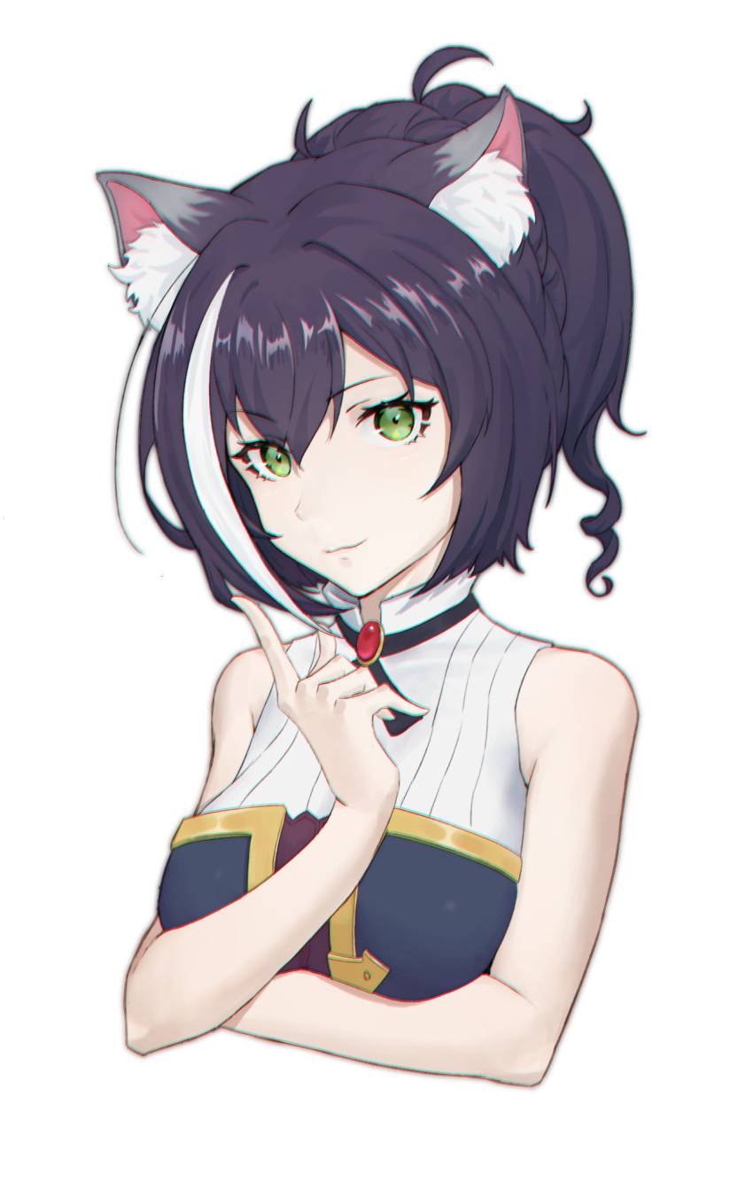 1girl animal_ear_fluff animal_ears bangs bare_arms bare_shoulders black_hair breasts brooch cat_ears chromatic_aberration cropped_torso eyebrows_visible_through_hair green_eyes hair_between_eyes hand_up highres index_finger_raised jewelry karyl_(princess_connect!) looking_at_viewer medium_breasts multicolored_hair princess_connect! shirt short_hair simple_background sisheiya sleeveless sleeveless_shirt solo streaked_hair upper_body white_background white_hair