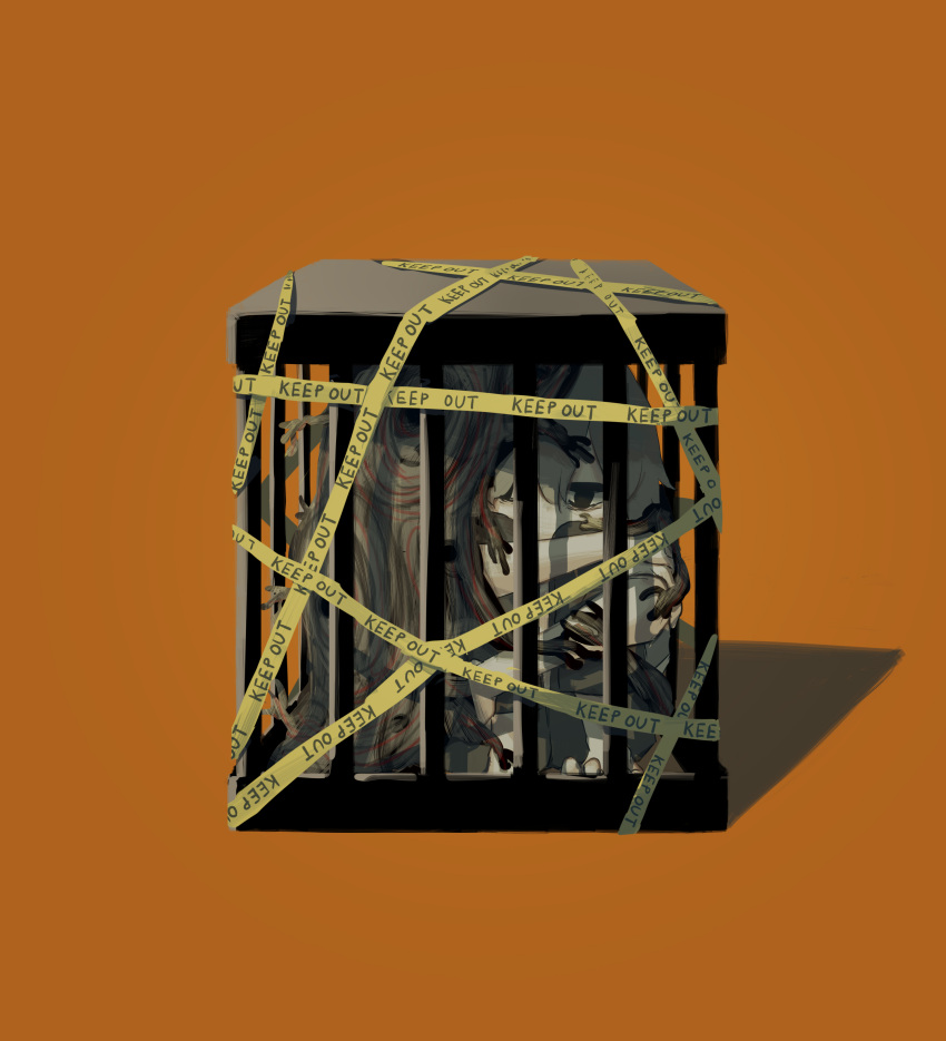 1other absurdres avogado6 black_eyes cage caution_tape colored_skin commentary_request grey_hair highres in_cage keep_out orange_background original simple_background sitting white_skin