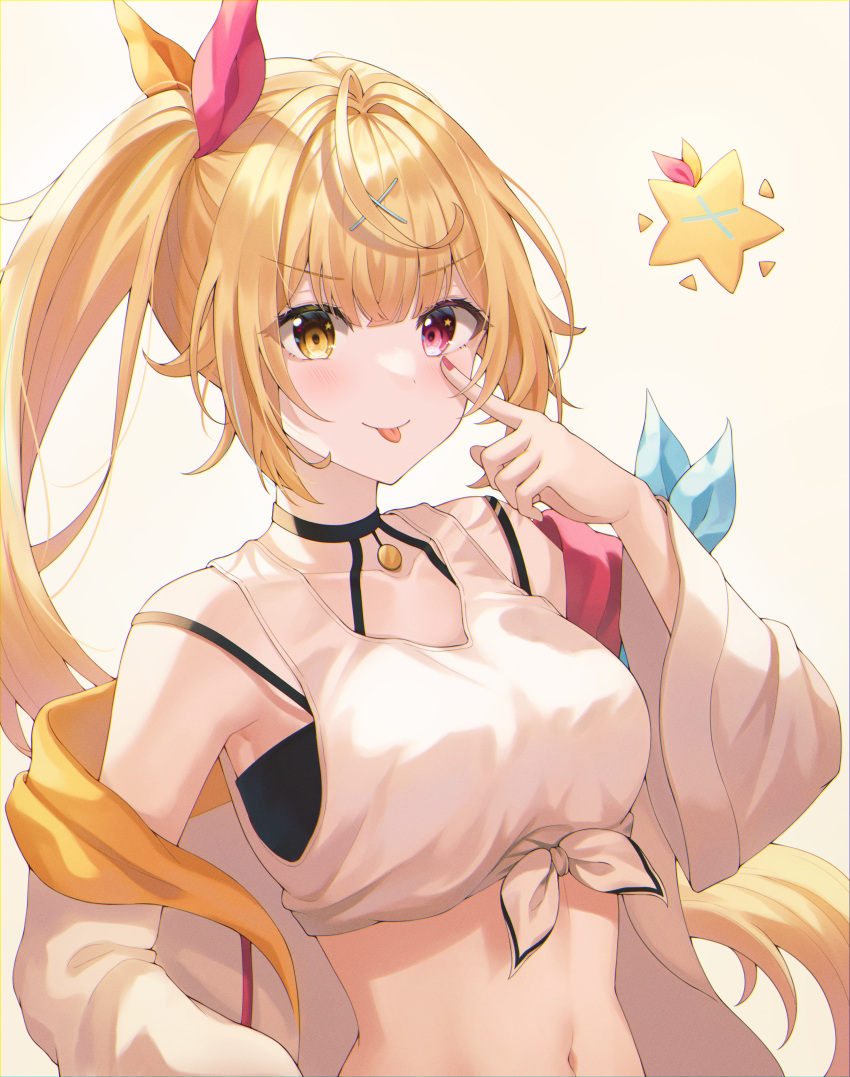 1girl absurdres bangs bare_shoulders blonde_hair blue_ribbon blush breasts crop_top eyebrows_visible_through_hair front-tie_top gradient gradient_background hair_ornament hair_ribbon heterochromia highres hoshikawa_sara huge_filesize large_breasts long_hair looking_at_viewer nail_polish navel nijisanji off_shoulder open_mouth red_eyes ribbon sarin_(seoling) side_ponytail smile solo stomach tongue tongue_out virtual_youtuber x_hair_ornament yellow_eyes