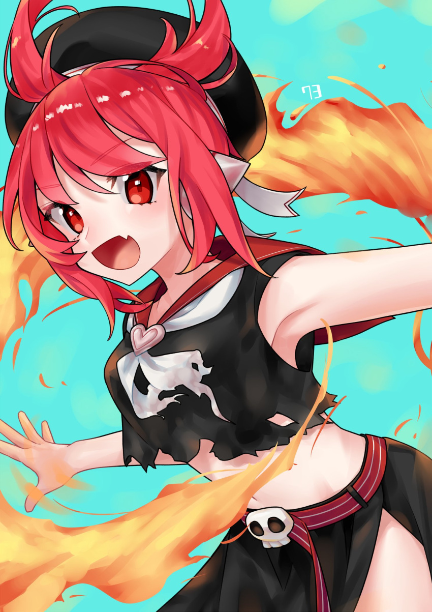 100_percent_orange_juice 1girl artist_request belt character_request crop_top eyebrows_visible_through_hair fang fire hat highres light_blue_background midriff navel red_eyes redhead sailor_collar short_hair simple_background skirt skull sleeveless stomach suguri white_neckwear