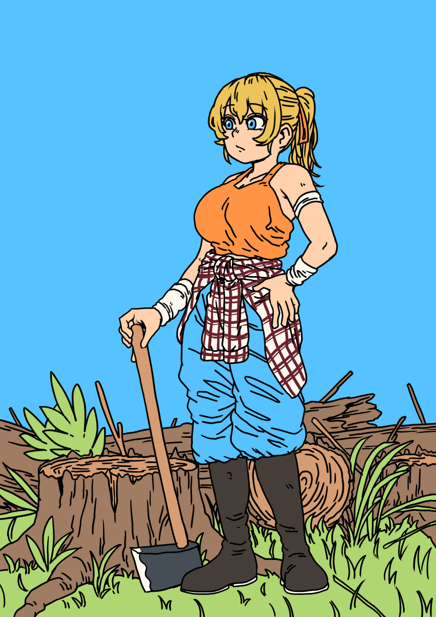 1girl absurdres axe bandages black_footwear blonde_hair blue_eyes blue_pants boots chanta_(ayatakaoisii) eyebrows_visible_through_hair flat_color grass hand_on_hip highres holding holding_axe log long_hair lumberjack orange_tank_top original pants pond solo tank_top tree_stump wood