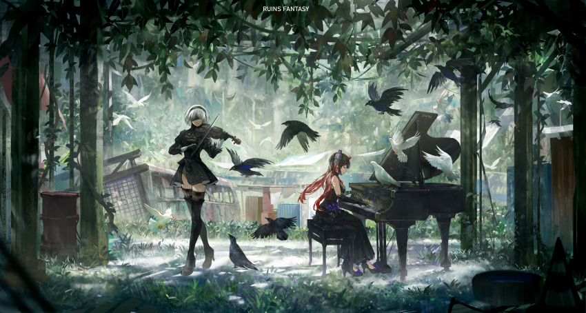 2girls absurdres bangs bare_shoulders bird black_blindfold black_dress black_gloves black_hair blindfold boots chair closed_eyes closed_mouth crossover crow dove dress elbow_gloves full_body gloves hair_between_eyes high_heels highres holding holding_instrument instrument leotard long_sleeves lucia_(punishing:_gray_raven) multiple_girls music nier_(series) nier_automata piano playing_instrument punishing:_gray_raven scenery short_hair sitting standing thigh-highs thigh_boots violin white_gloves white_hair yorha_no._2_type_b zzz_(orchid-dale)