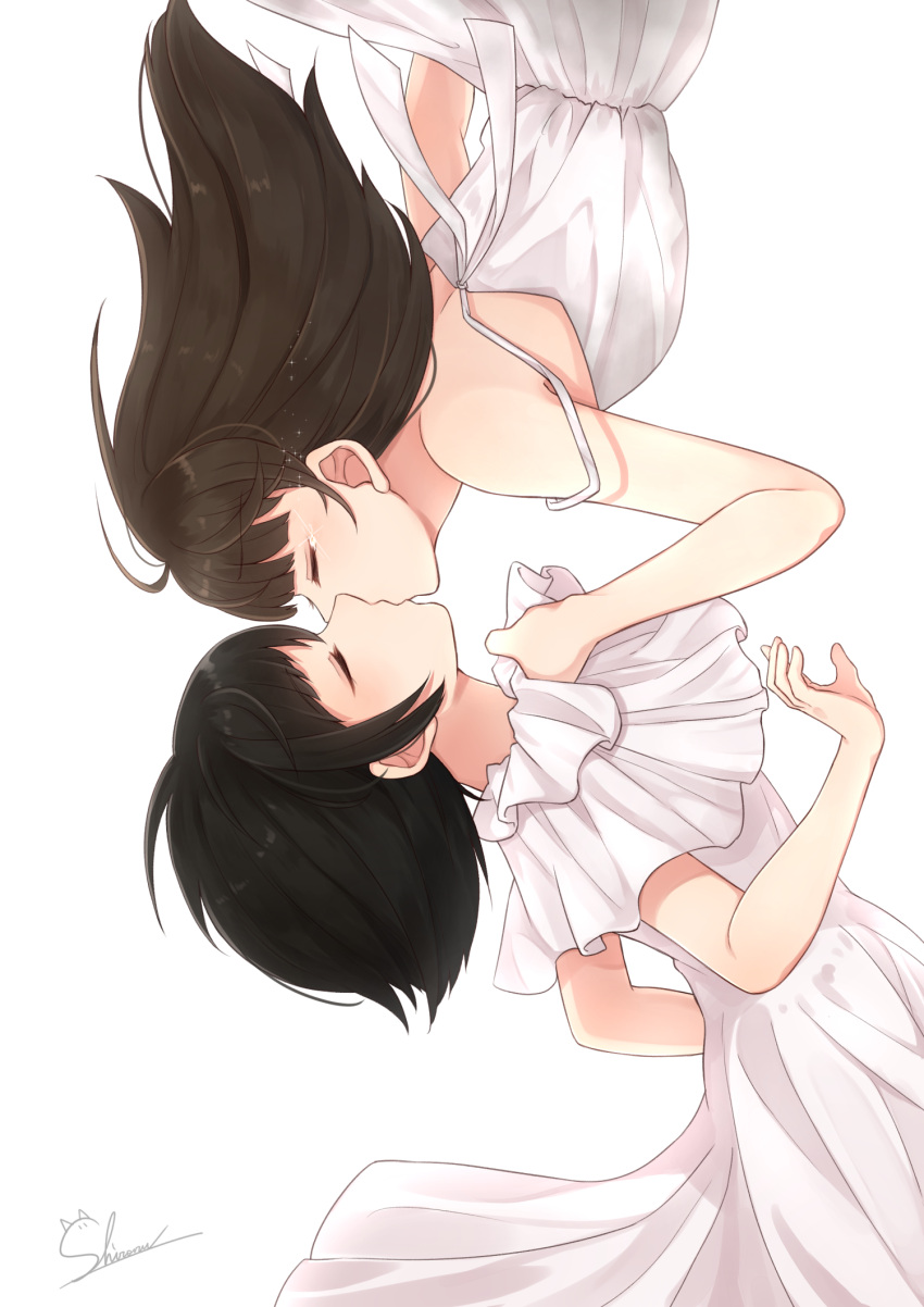2girls bare_arms black_hair brown_hair closed_eyes clutching_clothes commentary_request dress from_side highres kiss long_hair midair multiple_girls original profile rotated shiro_namida short_hair signature simple_background spaghetti_strap tears upper_body white_background white_dress yuri