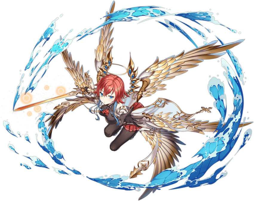 1girl angel ark_order bangs black_gloves black_legwear blue_eyes blue_hair breasts cravat cross extra_eyes gabriel_(ark_order) gloves gold gold_trim halo holding holding_sword holding_weapon large_breasts long_sleeves looking_at_viewer multicolored_hair multiple_wings official_art pantyhose red_neckwear red_skirt redhead seraph short_hair_with_long_locks sidelocks skirt solo sword tachi-e transparent_background two-tone_hair weapon white_wings wide_sleeves wings