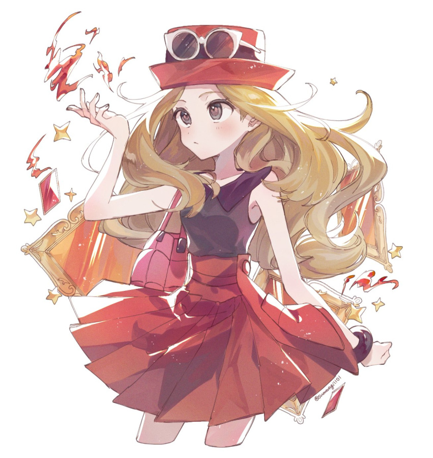 1girl bag blonde_hair blush closed_mouth collared_shirt commentary_request eyewear_on_headwear grey_eyes hand_up handbag hat high-waist_skirt highres long_hair mega_ring pink_bag pokemon pokemon_(game) pokemon_xy red_headwear red_skirt serena_(pokemon) shirt skirt sleeveless sleeveless_shirt solo sumeragi1101 sunglasses white-framed_eyewear