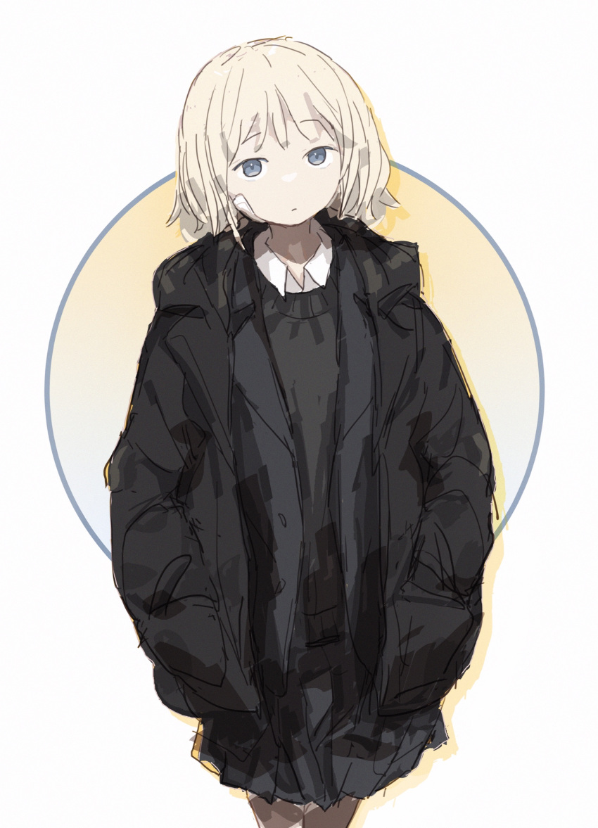 1girl absurdres bandaid bandaid_on_face bangs black_coat black_sweater blonde_hair blue_eyes circle closed_mouth coat collar commentary_request cowboy_shot hands_in_pockets highres looking_at_viewer open_clothes open_coat original roisa short_hair solo sweater white_background white_collar