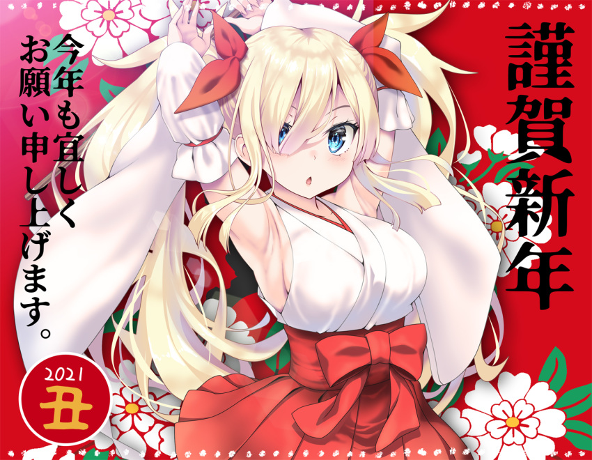 1girl 2021 armpits arms_up blonde_hair blue_eyes blush bow breasts detached_sleeves floral_background flower happy_new_year japanese_clothes kubota_masaki looking_at_viewer miko new_year open_mouth original red_bow solo twintails white_flower