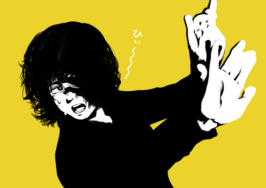 1girl absurdres black_hair black_shirt chanta_(ayatakaoisii) flat_color hands_up highres limited_palette long_sleeves medium_hair open_mouth original shadow shirt simple_background solo yellow_background