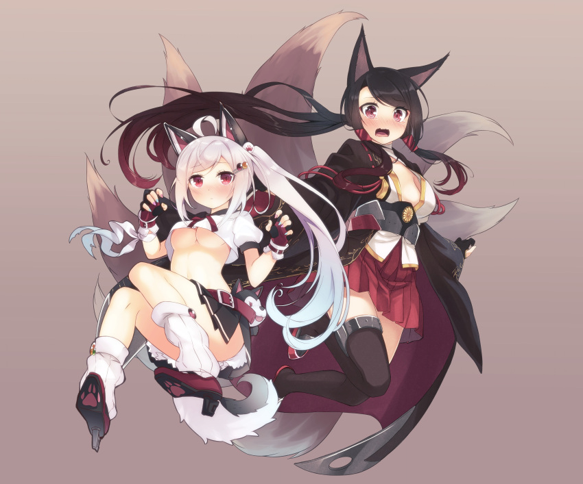 2girls absurdres black_hair breasts commentary_request floating fox_girl gloves grey_background grey_hair hair_ornament hairclip highres long_hair loose_socks low_twintails medium_breasts multiple_girls original shirt shoes simple_background single_thighhigh skirt thigh-highs twintails under_boob violet_eyes zero_(miraichizu)