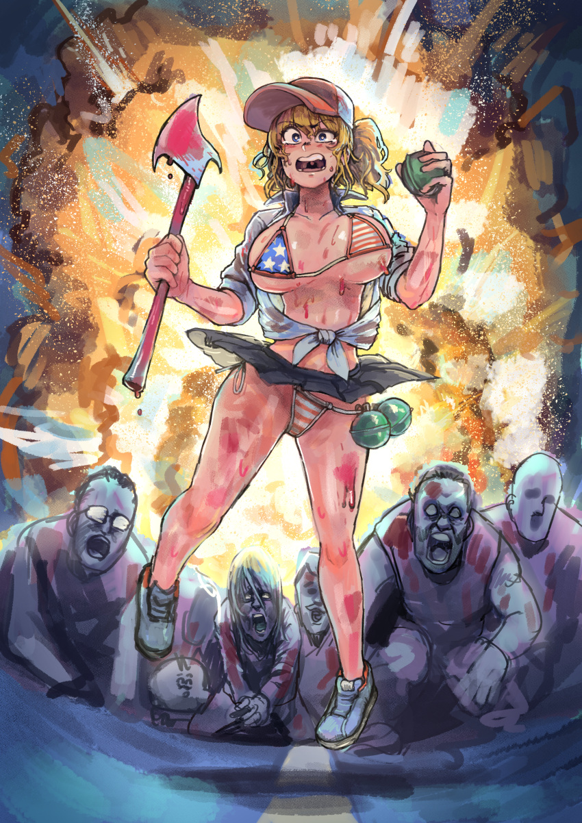 1girl absurdres american_flag_bikini axe bangs baseball_cap bikini black_skirt blonde_hair blue_eyes blush breasts breasts_apart chanta_(ayatakaoisii) collared_shirt explosion eyebrows_visible_through_hair flag_print full_body hat highres holding holding_axe holding_weapon huge_filesize large_breasts open_mouth original pleated_skirt shadow shirt shoes skirt solo_focus swimsuit tied_shirt weapon white_footwear white_shirt zombie