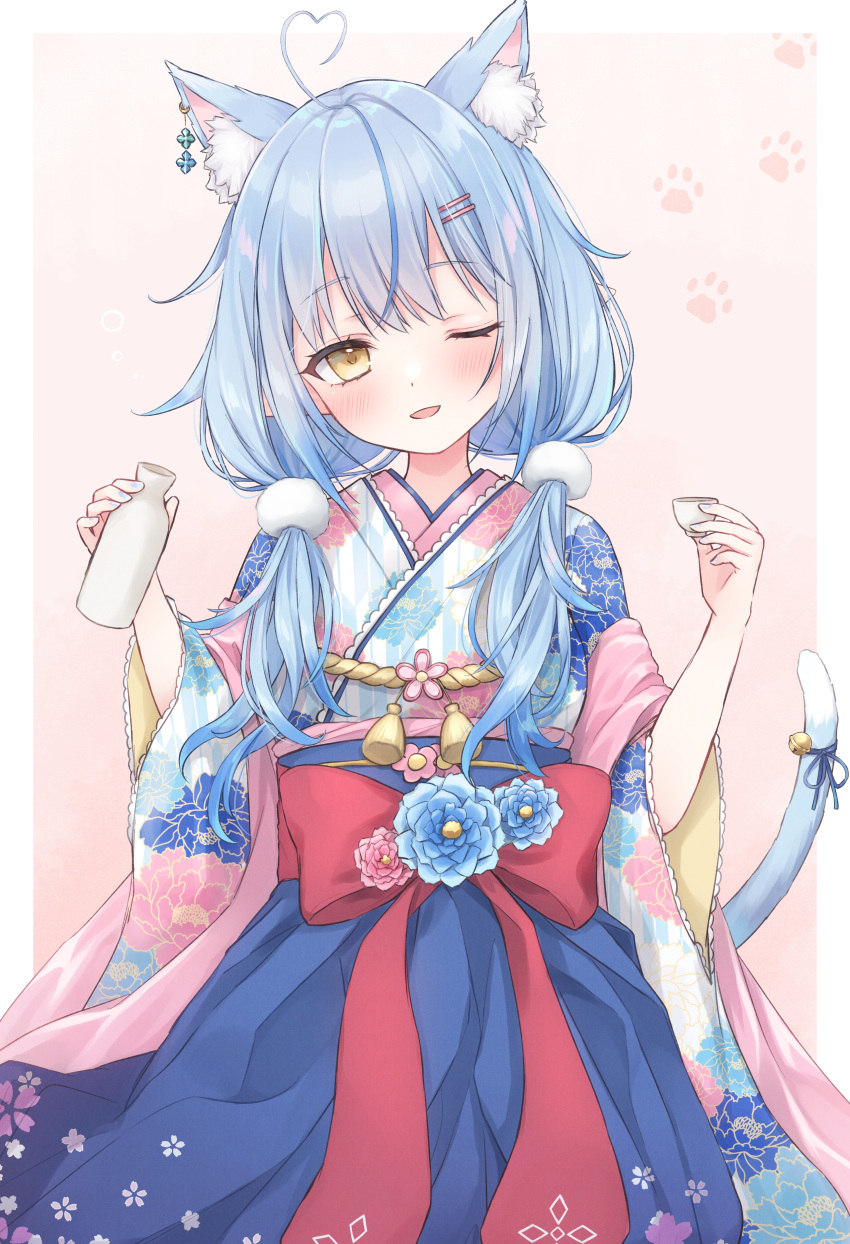 ;d absurdres ahoge alcohol animal_ear_fluff animal_ears bangs bell blue_hair blue_hakama blue_kimono blush cat_ears cat_girl cat_tail colored_tips commentary_request hair_between_eyes hair_ornament hairclip hakama heart_ahoge highres hololive japanese_clothes kimono long_hair low_twintails multicolored_hair obi official_alternate_costume one_eye_closed open_mouth print_kimono ribbon sake sash shano_hiyori shawl sleeves_rolled_up smile streaked_hair tail tail_bell tail_ornament tail_ribbon tokkuri twintails virtual_youtuber w_arms wide_sleeves yellow_eyes yukihana_lamy